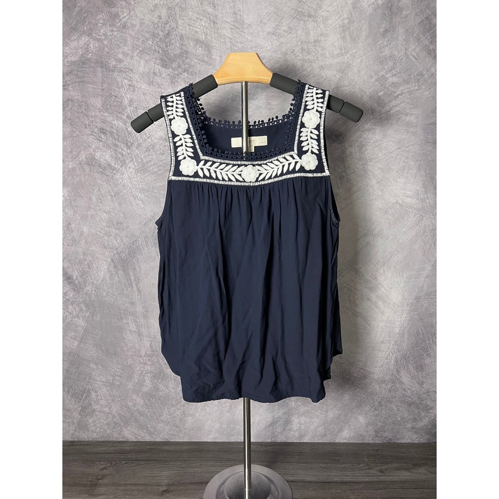 LOFT Petites Embroidered Floral Navy Pom Pom Trim Sleeveless Blouse Tank Size SP